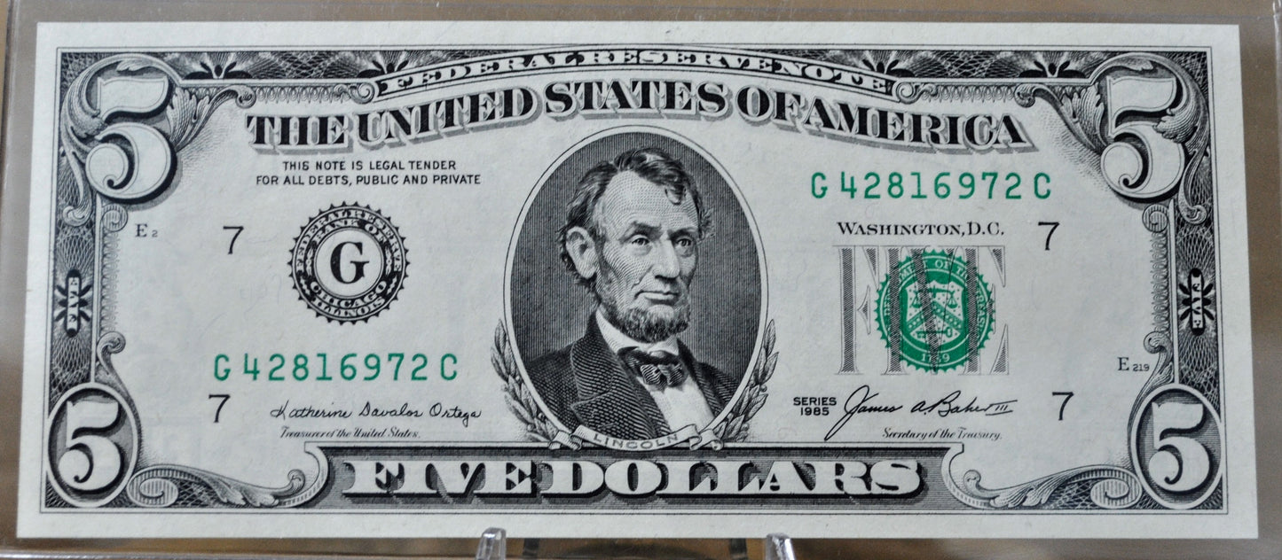 1985 US Federal Reserve 5 Dollar Note - Chicago (G) - Uncirculated (UNC) Grade - 1985 Green Seal Five Dollar Note - Fr.1978-G