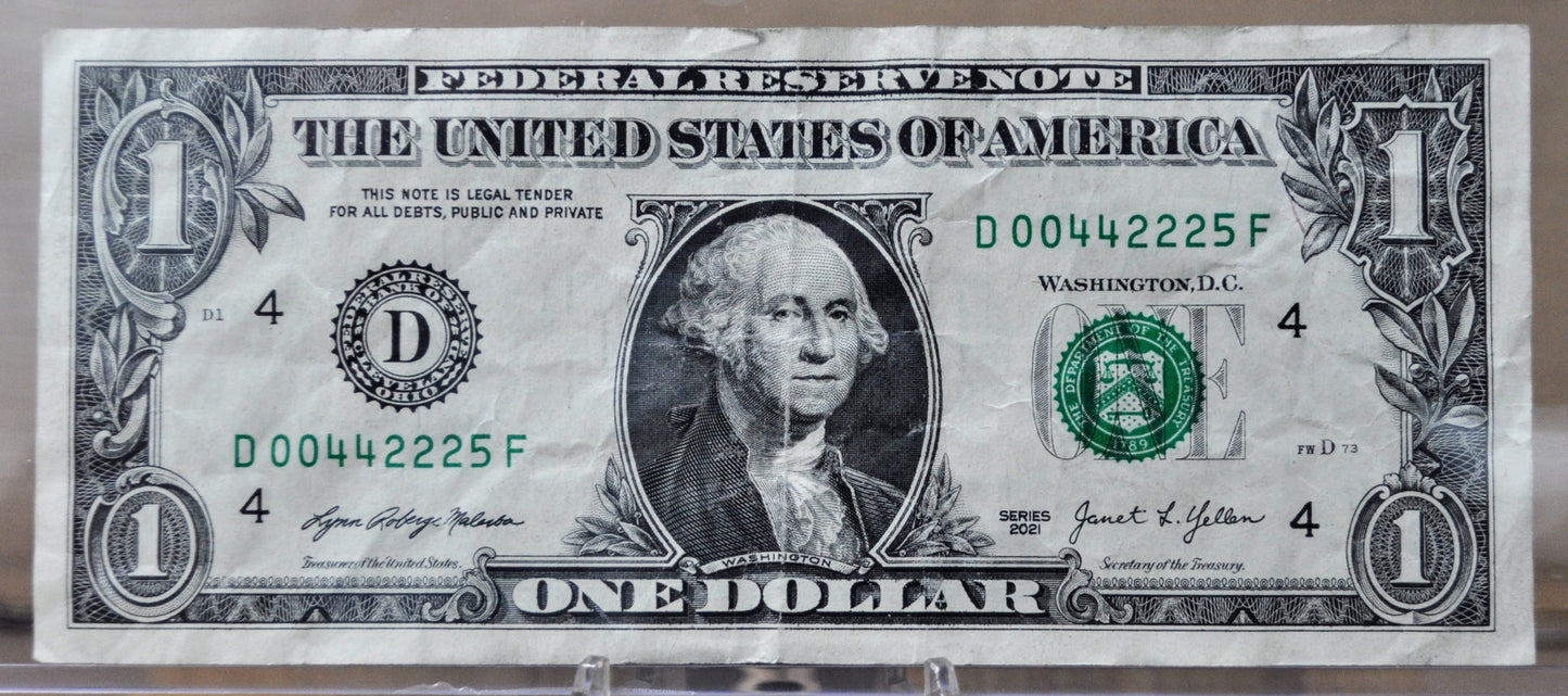 2021 Low Fancy Pattern Serial Number 1 Dollar Banknote - 00442225 - 2021 One Dollar Cool Serial Number Note - Fr.3007-D