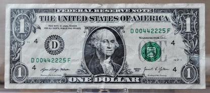 2021 Low Fancy Pattern Serial Number 1 Dollar Banknote - 00442225 - 2021 One Dollar Cool Serial Number Note - Fr.3007-D