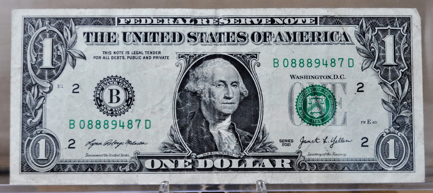 2021 Fancy Repeater Serial Number 1 Dollar Banknote - 08889487 - 2021 One Dollar Cool Serial Number Note - Fr.3007-B