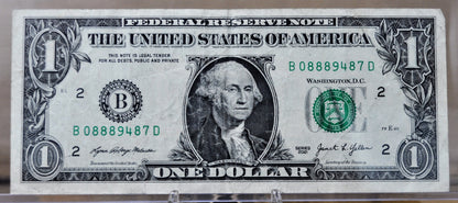 2021 Fancy Repeater Serial Number 1 Dollar Banknote - 08889487 - 2021 One Dollar Cool Serial Number Note - Fr.3007-B