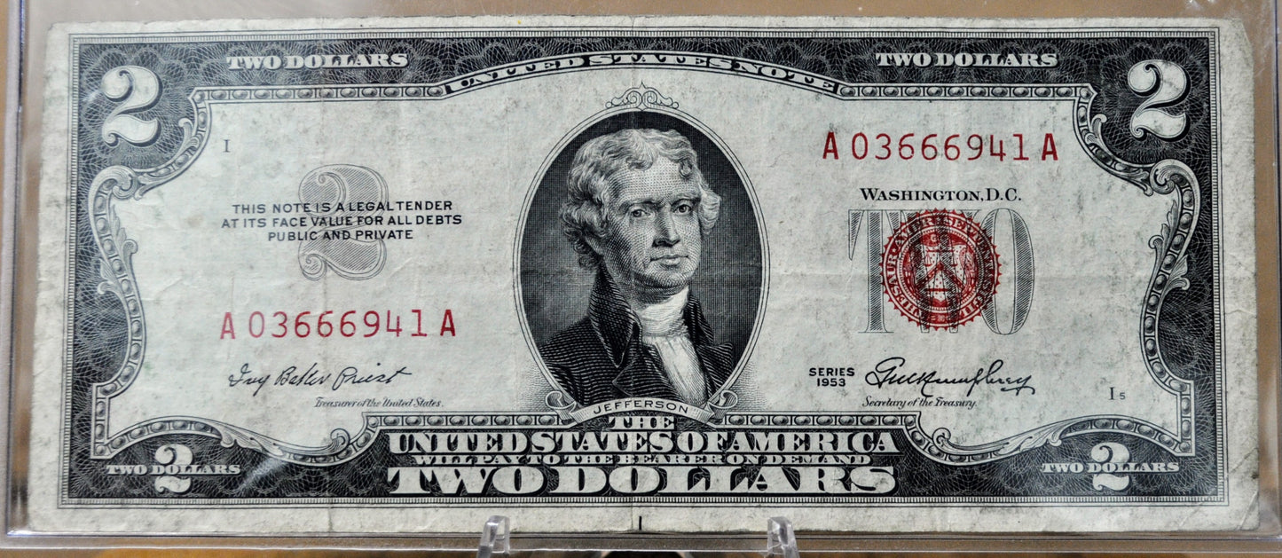 1953 Fancy Devil 666 Serial Number 2 Dollar Legal Tender Note - 03666941 - 1953 Two Dollar Legal Tender Cool Serial Note - Fr#1509