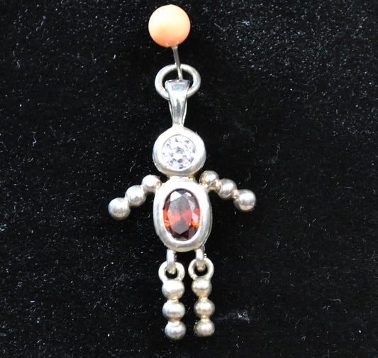 Vintage Sterling Silver Articulated "Little People" Pendant January Garnet Birthstone - 925 Silver "Birthstone Baby" Child Charm with Moving Arms and Legs