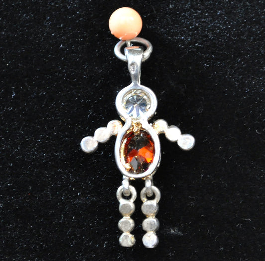 Vintage Sterling Silver Articulated "Little People" Pendant January Garnet Birthstone - 925 Silver "Birthstone Baby" Child Charm with Moving Arms and Legs