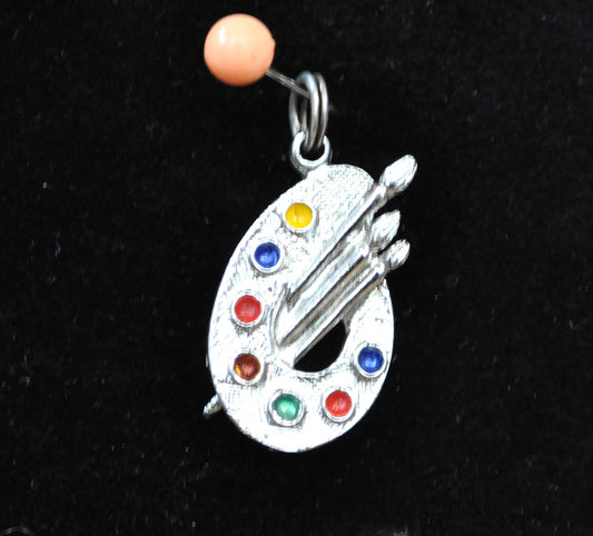 Sterling Silver Enameled Artist's Palette & Brushes Charm - Art Paint Pallet Vintage Charm Sterling Silver Colorful Enamel