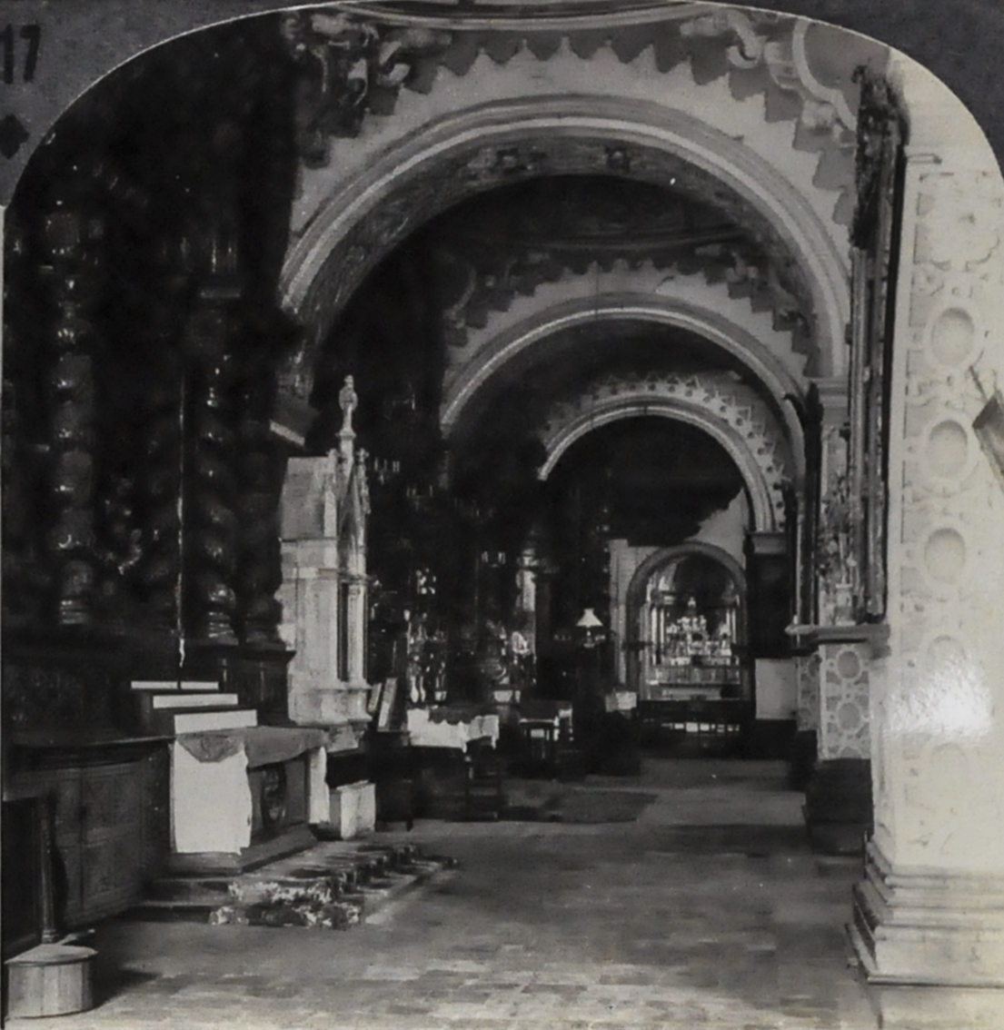 Keystone Stereoview of Decorated Aisle in Church of La Compania, Quito, Ecuador - No. V21932T - 1920s Ecuador Church Photo Card