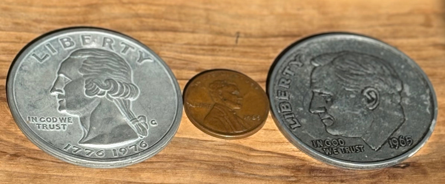 Set of 3 Giant Oversized Coins - Oversized Coins Featuring: Penny, Quarter, and a Dime