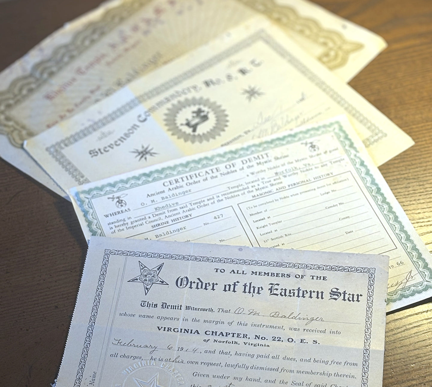 Ora Mathias Baldinger Masonic Membership Paperwork Lot of 4 - Ora M. Baldinger Membership certificates Lot of Four