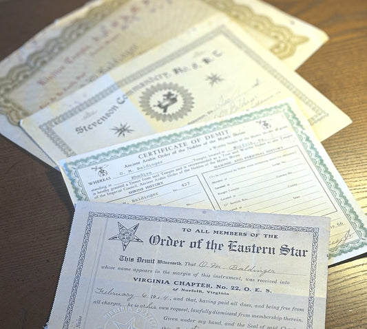 Ora Mathias Baldinger Masonic Membership Paperwork Lot of 4 - Ora M. Baldinger Membership certificates Lot of Four
