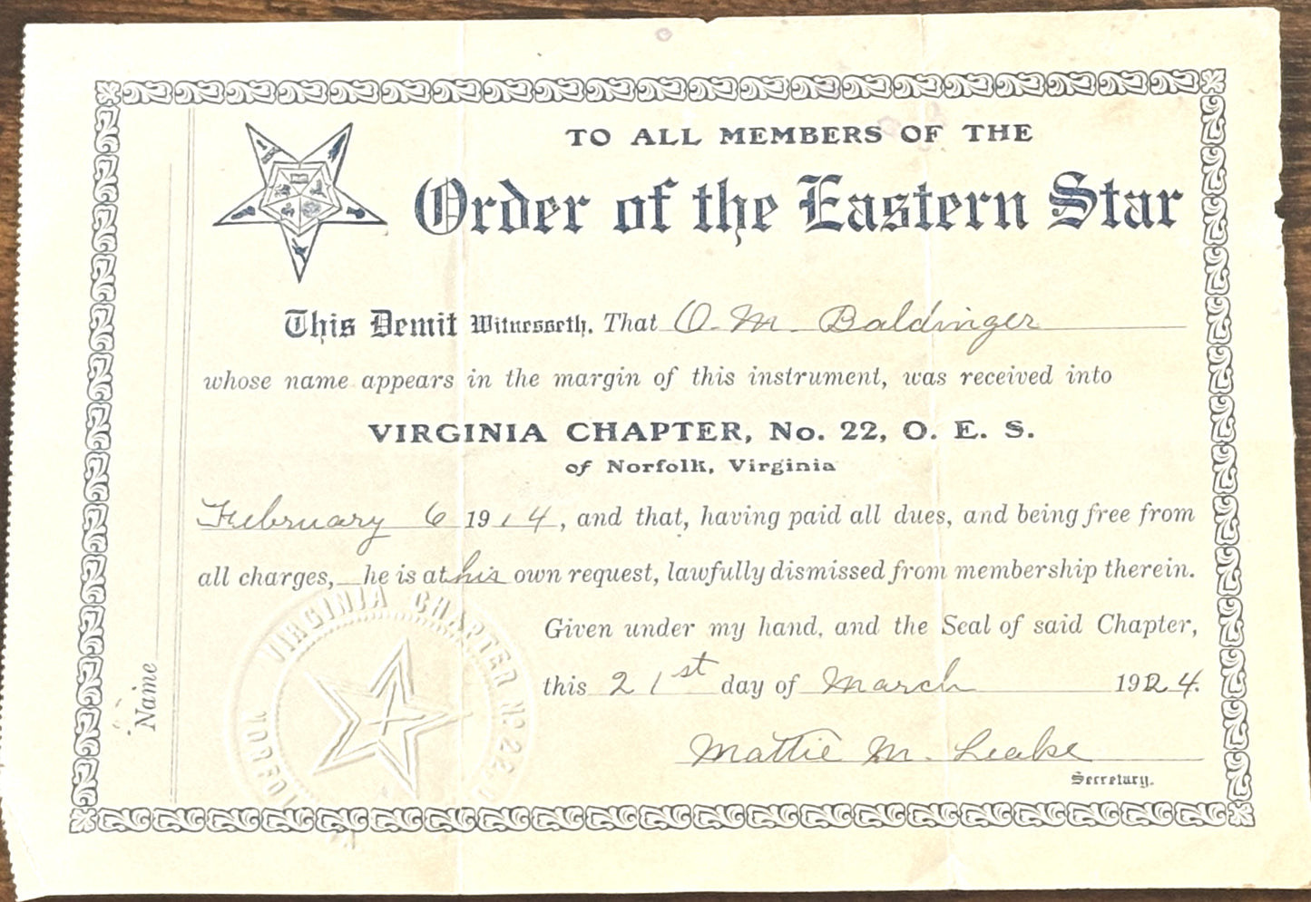 Ora Mathias Baldinger Masonic Membership Paperwork Lot of 4 - Ora M. Baldinger Membership certificates Lot of Four