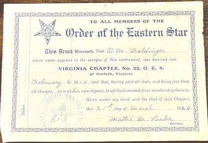 Ora Mathias Baldinger Masonic Membership Paperwork Lot of 4 - Ora M. Baldinger Membership certificates Lot of Four