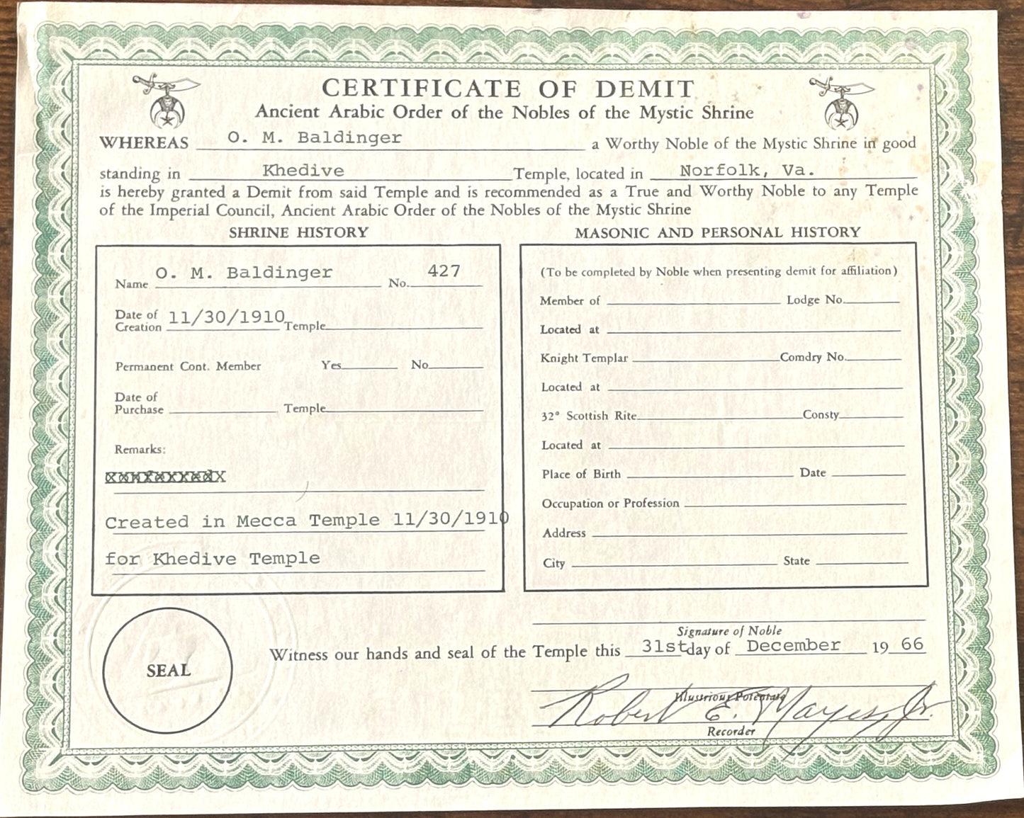 Ora Mathias Baldinger Masonic Membership Paperwork Lot of 4 - Ora M. Baldinger Membership certificates Lot of Four