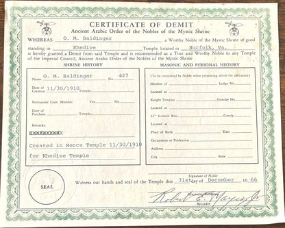 Ora Mathias Baldinger Masonic Membership Paperwork Lot of 4 - Ora M. Baldinger Membership certificates Lot of Four