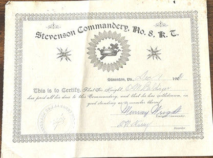 Ora Mathias Baldinger Masonic Membership Paperwork Lot of 4 - Ora M. Baldinger Membership certificates Lot of Four