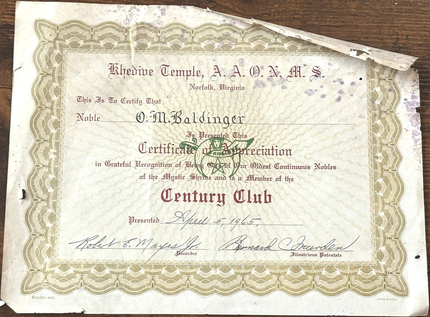 Ora Mathias Baldinger Masonic Membership Paperwork Lot of 4 - Ora M. Baldinger Membership certificates Lot of Four