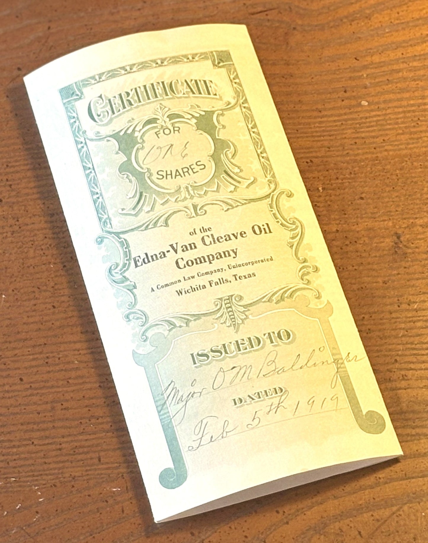 Edna-Van Cleave Oil Company Stock Certificate 1919 owned by Major Ora Mathias Baldinger - O.M. Baldinger Stock Certificate from Edna-Van Cleave Oil Co.