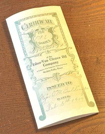 Edna-Van Cleave Oil Company Stock Certificate 1919 owned by Major Ora Mathias Baldinger - O.M. Baldinger Stock Certificate from Edna-Van Cleave Oil Co.