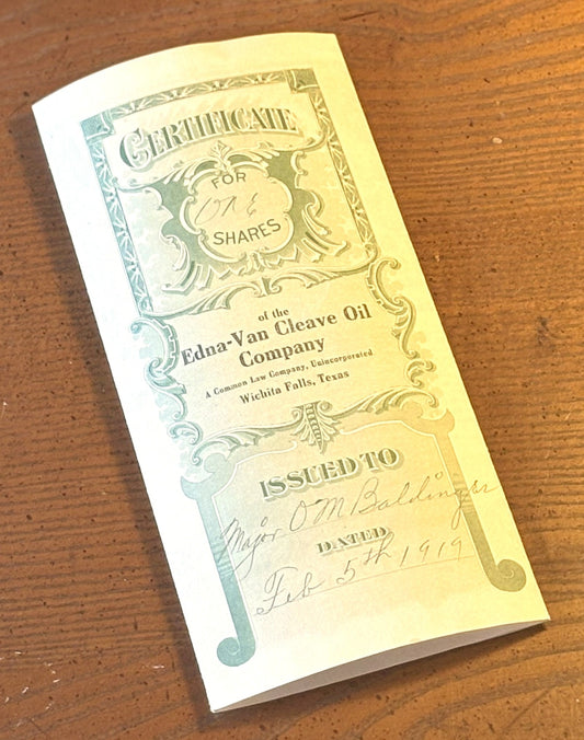 Edna-Van Cleave Oil Company Stock Certificate 1919 owned by Major Ora Mathias Baldinger - O.M. Baldinger Stock Certificate from Edna-Van Cleave Oil Co.