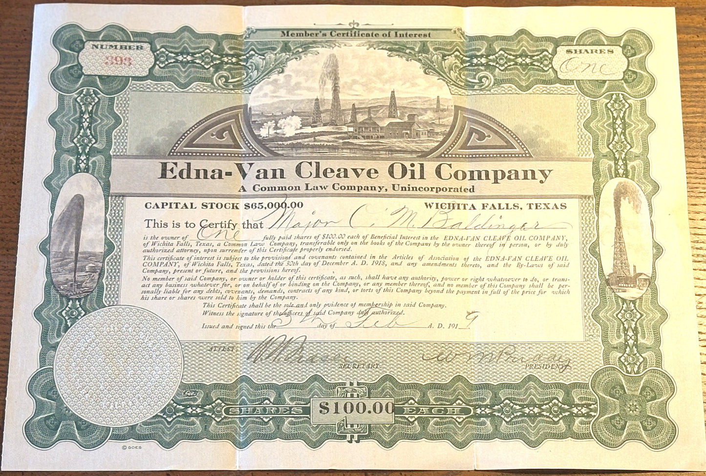 Edna-Van Cleave Oil Company Stock Certificate 1919 owned by Major Ora Mathias Baldinger - O.M. Baldinger Stock Certificate from Edna-Van Cleave Oil Co.