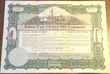 Edna-Van Cleave Oil Company Stock Certificate 1919 owned by Major Ora Mathias Baldinger - O.M. Baldinger Stock Certificate from Edna-Van Cleave Oil Co.
