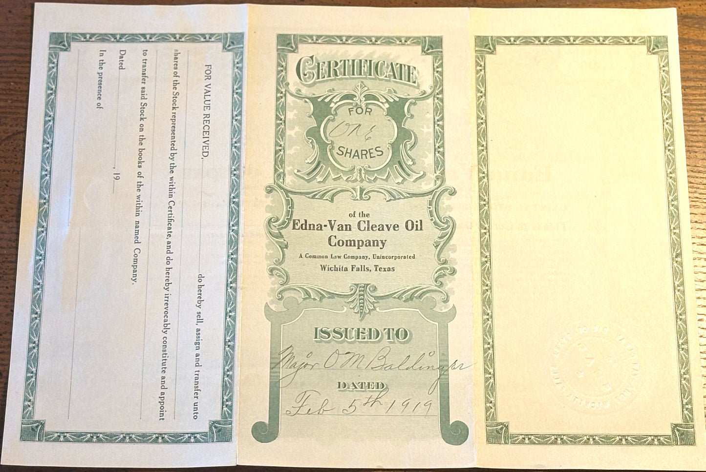 Edna-Van Cleave Oil Company Stock Certificate 1919 owned by Major Ora Mathias Baldinger - O.M. Baldinger Stock Certificate from Edna-Van Cleave Oil Co.