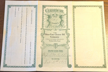 Edna-Van Cleave Oil Company Stock Certificate 1919 owned by Major Ora Mathias Baldinger - O.M. Baldinger Stock Certificate from Edna-Van Cleave Oil Co.