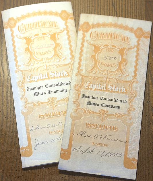 Ivanhoe Consolidated Mines Company Lot of Two Stock Certificates from 1915-1916 - Vintage Lot of Two Stock Certificates from Ivanhoe Consolidated