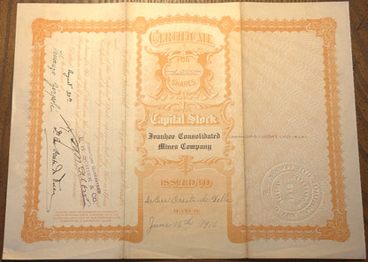 Ivanhoe Consolidated Mines Company Lot of Two Stock Certificates from 1915-1916 - Vintage Lot of Two Stock Certificates from Ivanhoe Consolidated