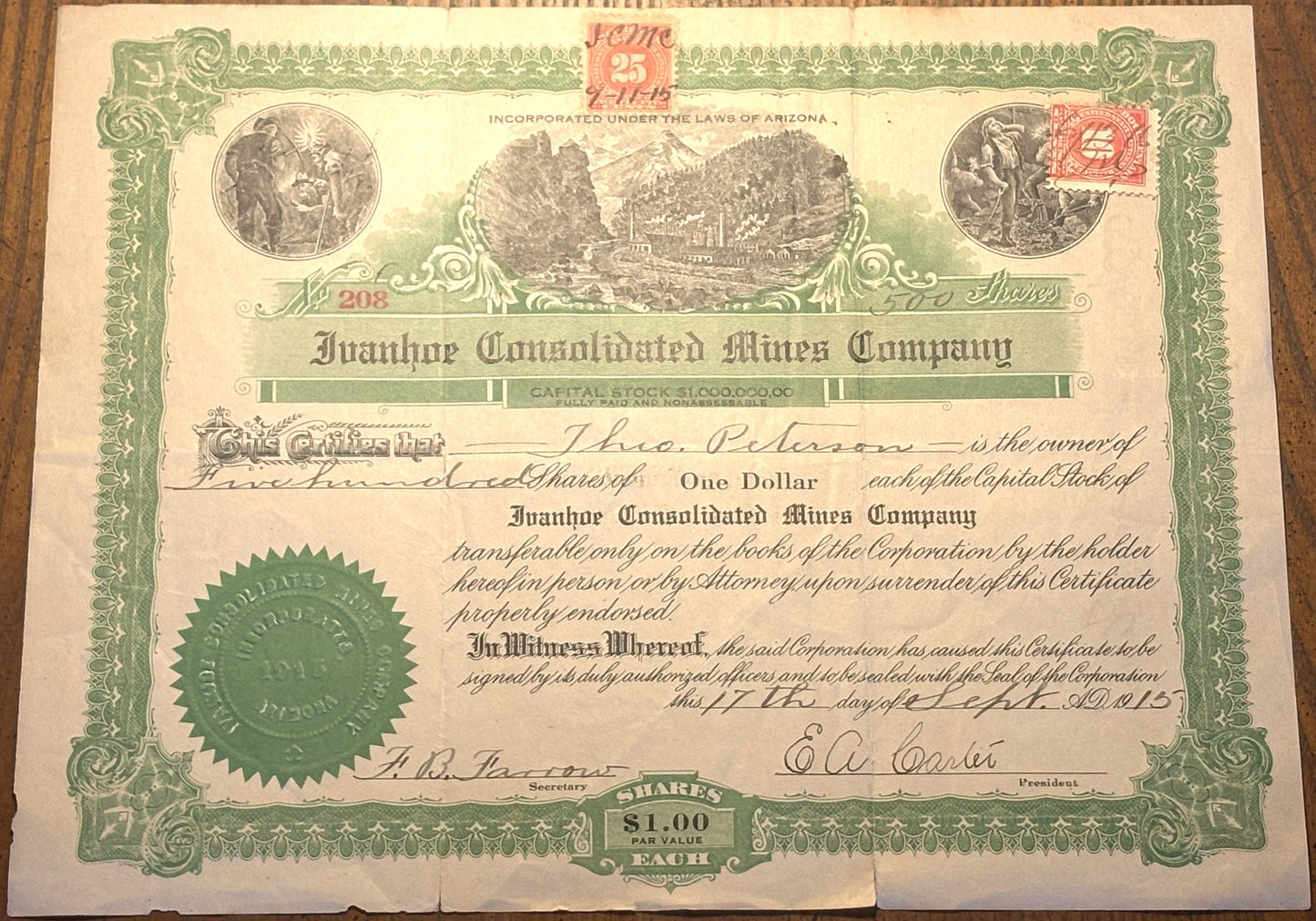 Ivanhoe Consolidated Mines Company Lot of Two Stock Certificates from 1915-1916 - Vintage Lot of Two Stock Certificates from Ivanhoe Consolidated
