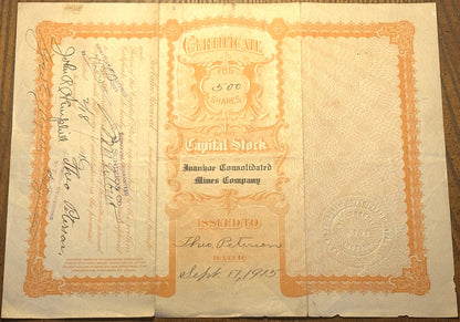 Ivanhoe Consolidated Mines Company Lot of Two Stock Certificates from 1915-1916 - Vintage Lot of Two Stock Certificates from Ivanhoe Consolidated