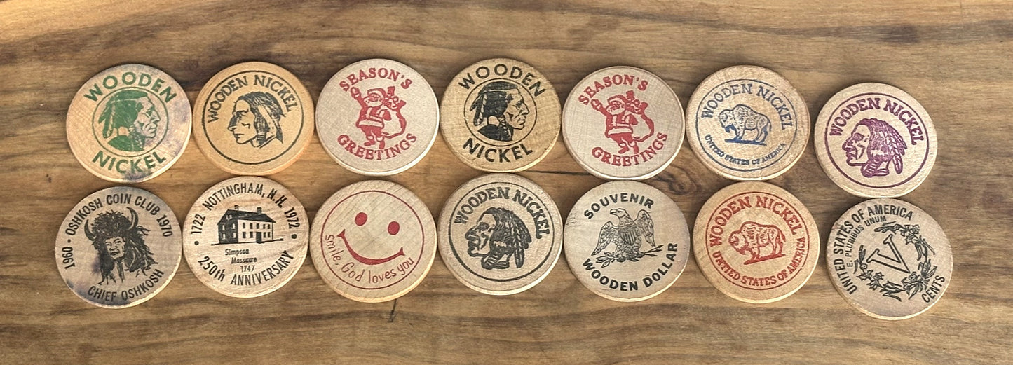 Lot of 14 Wooden Nickels - Fourteen Wooden Nickels Lot - Wooden Nickels lot of 14