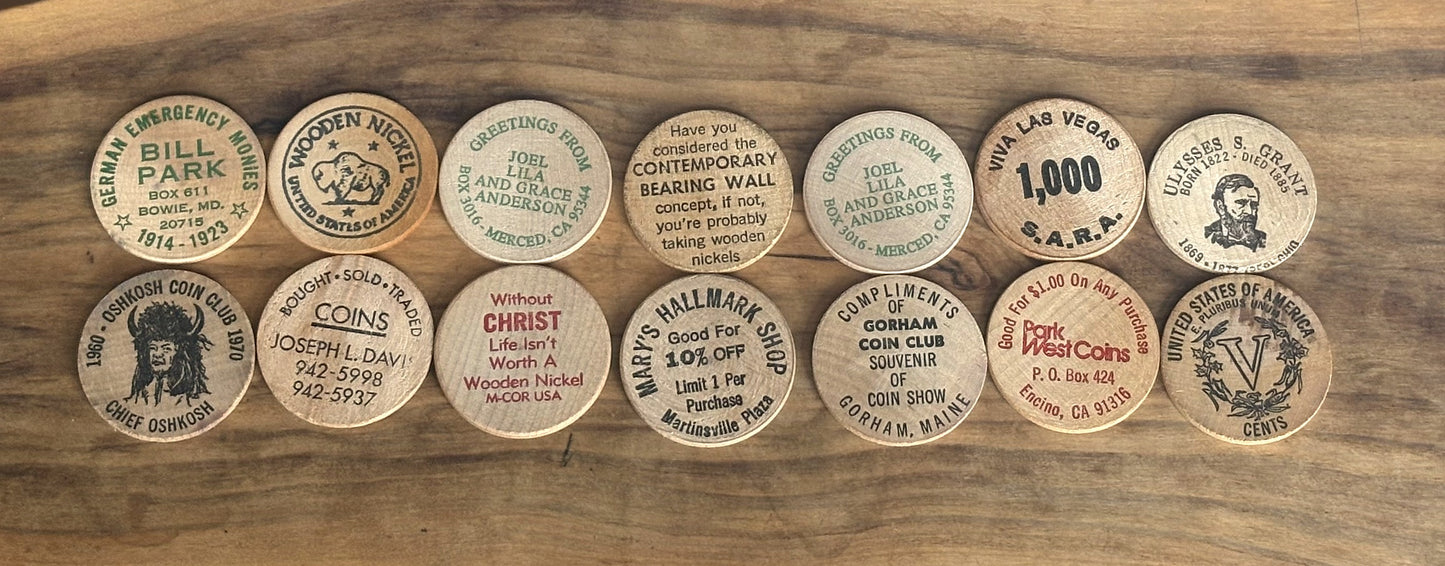 Lot of 14 Wooden Nickels - Fourteen Wooden Nickels Lot - Wooden Nickels lot of 14