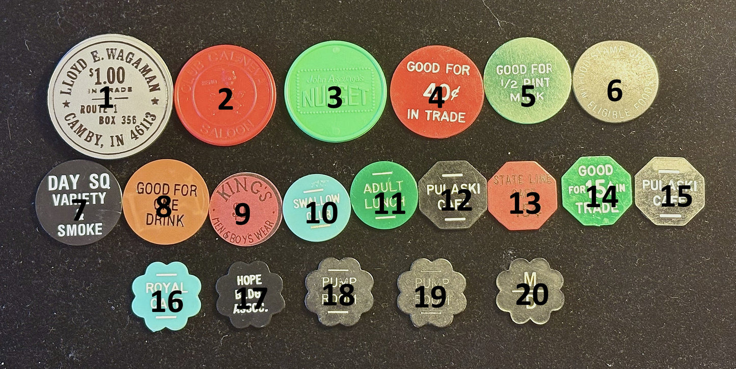 20 Plastic Trade/ "Good For" Tokens, Pick Your Variant! - Clubs, Drinks, Cafe, Etc. Pick your Variant!!!