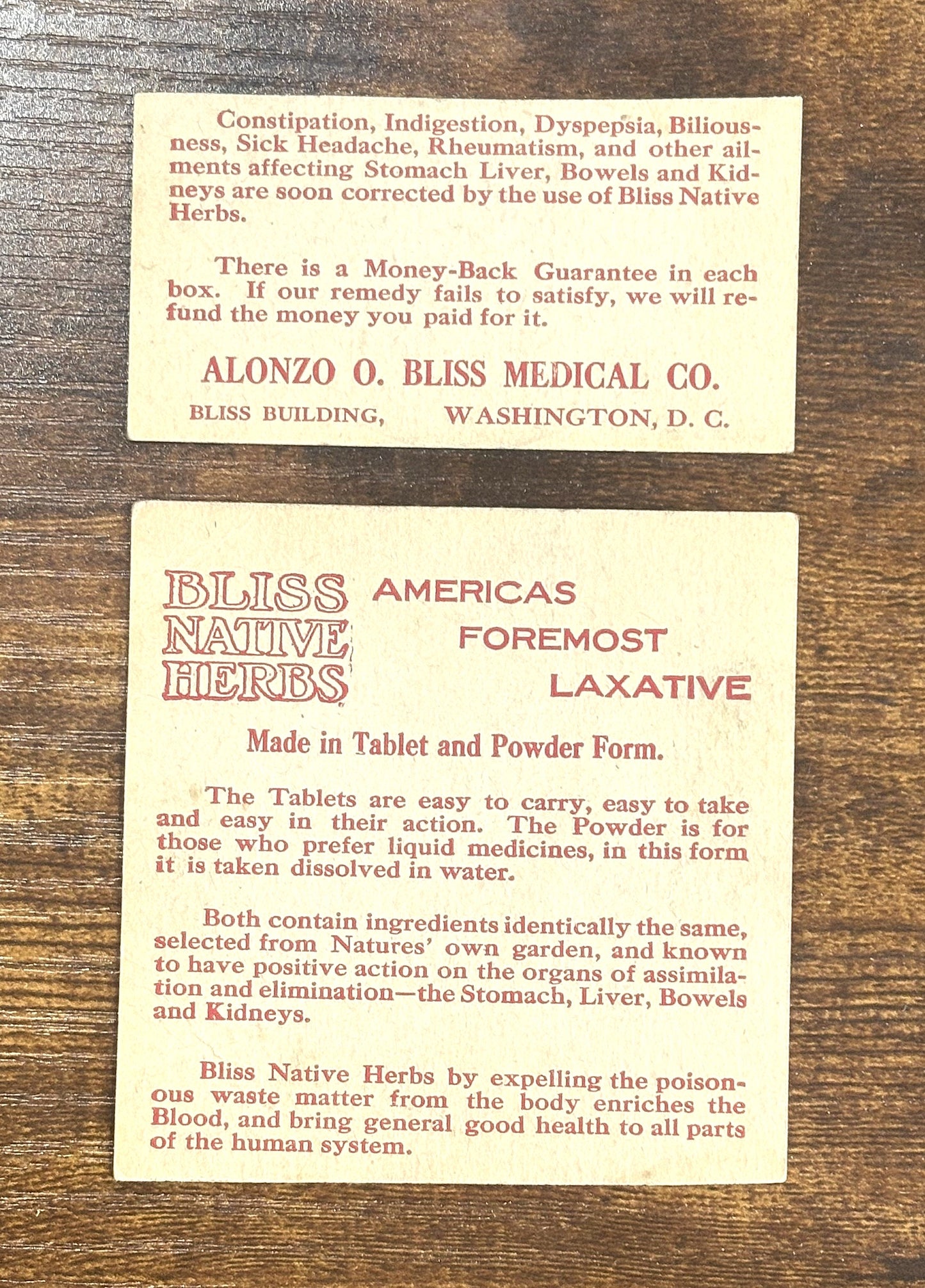 Antique Advertisement Trade Card Bliss Native Herbs Laxative - Vintage Laxative Advertisement Set of Two Cards