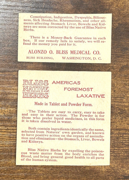Antique Advertisement Trade Card Bliss Native Herbs Laxative - Vintage Laxative Advertisement Set of Two Cards