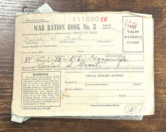 Antique War Ration Booklet with Stamps - 1943 Vintage War Ration Book No. 3