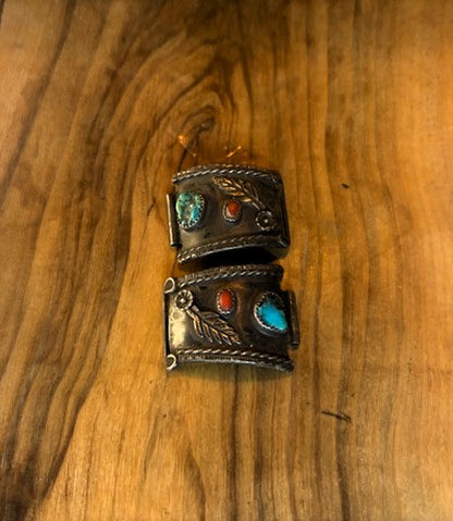Sterling Silver Navajo Turquoise & Red Coral Feather Watch Tabs