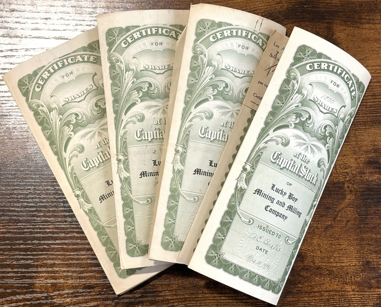 Lucky Boy Mining and Milling Company Lot of Four Stock Certificates - Lot of 4 Stock Certificates from Lucky Boy In Arizona