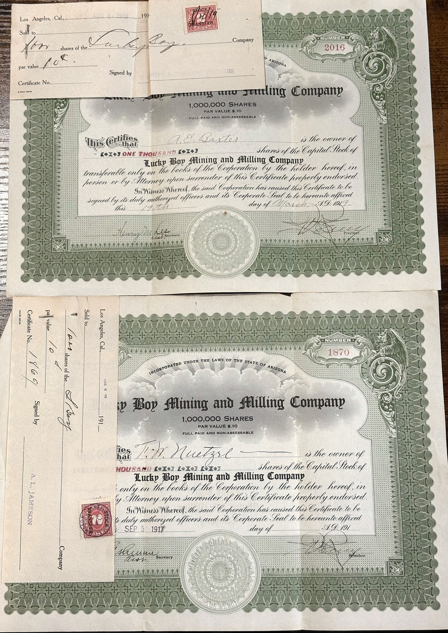 Lucky Boy Mining and Milling Company Lot of Four Stock Certificates - Lot of 4 Stock Certificates from Lucky Boy In Arizona