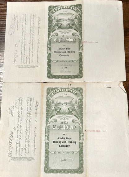 Lucky Boy Mining and Milling Company Lot of Four Stock Certificates - Lot of 4 Stock Certificates from Lucky Boy In Arizona
