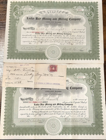 Lucky Boy Mining and Milling Company Lot of Four Stock Certificates - Lot of 4 Stock Certificates from Lucky Boy In Arizona