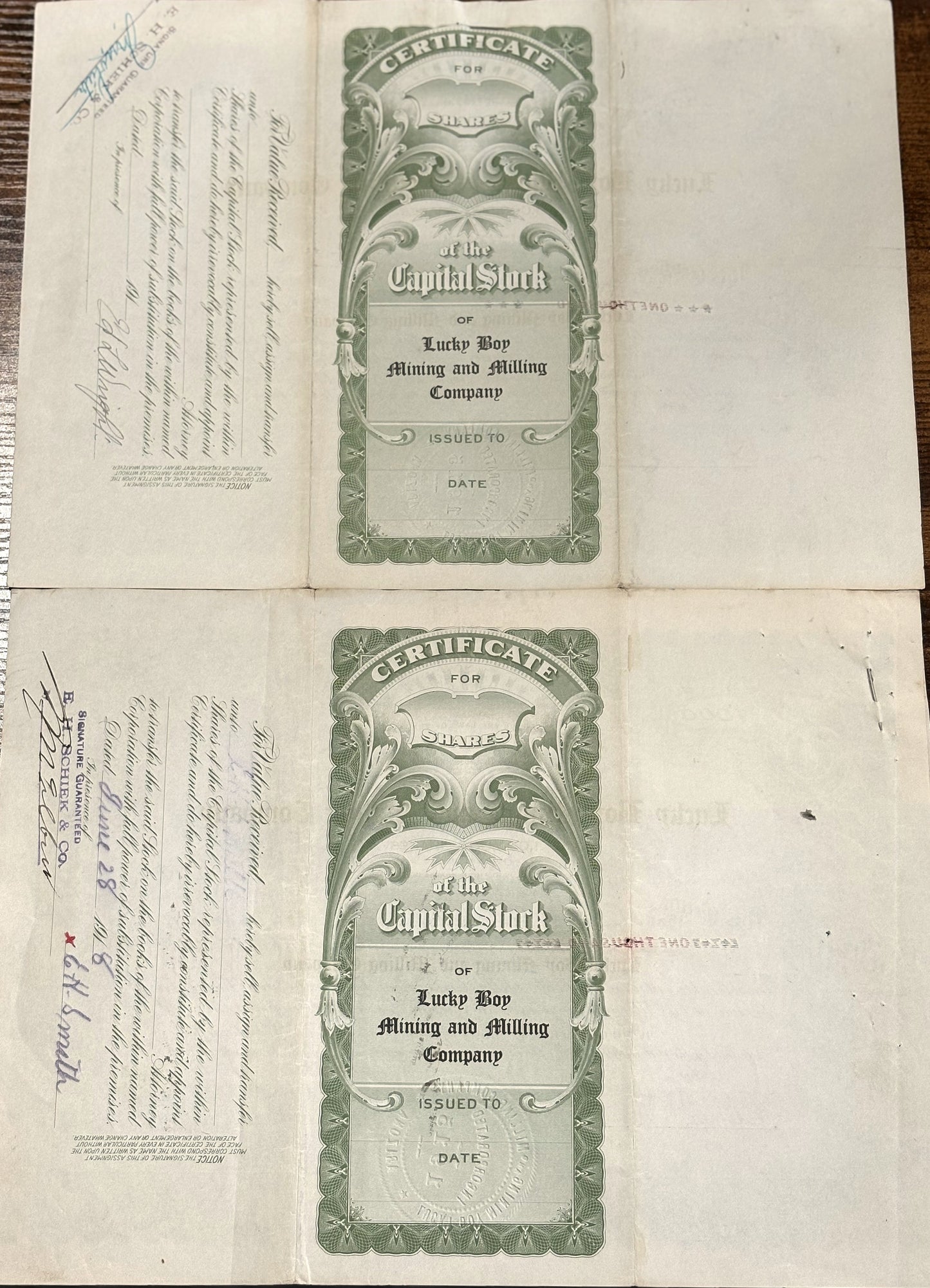Lucky Boy Mining and Milling Company Lot of Four Stock Certificates - Lot of 4 Stock Certificates from Lucky Boy In Arizona