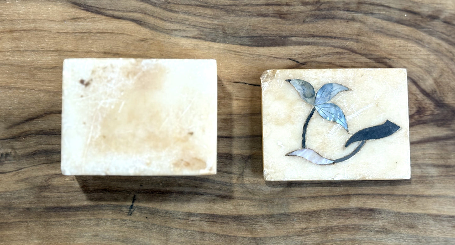 Antique Handmade Hand-carved Soapstone Trinket Box - Indian Trinket Box with Abalone Shell Inlay