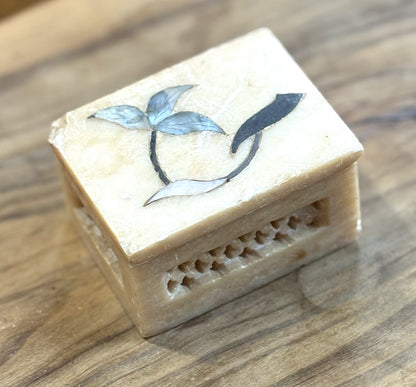 Antique Handmade Hand-carved Soapstone Trinket Box - Indian Trinket Box with Abalone Shell Inlay