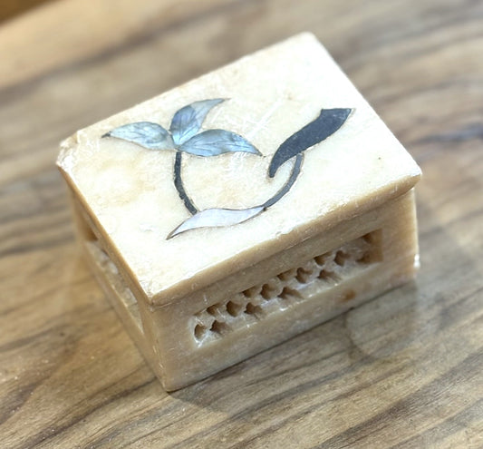 Antique Handmade Hand-carved Soapstone Trinket Box - Indian Trinket Box with Abalone Shell Inlay