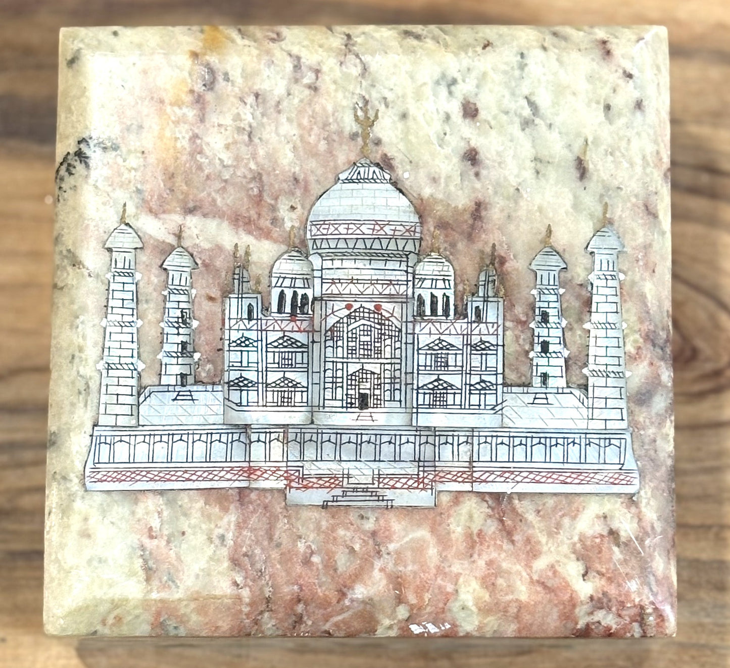 Antique Handmade Taj Mahal Mother-of-Pearl Inlay Jewelry Box - Taj Mahal Hand Carved Abalone Pearl Inlay Jewelry Box