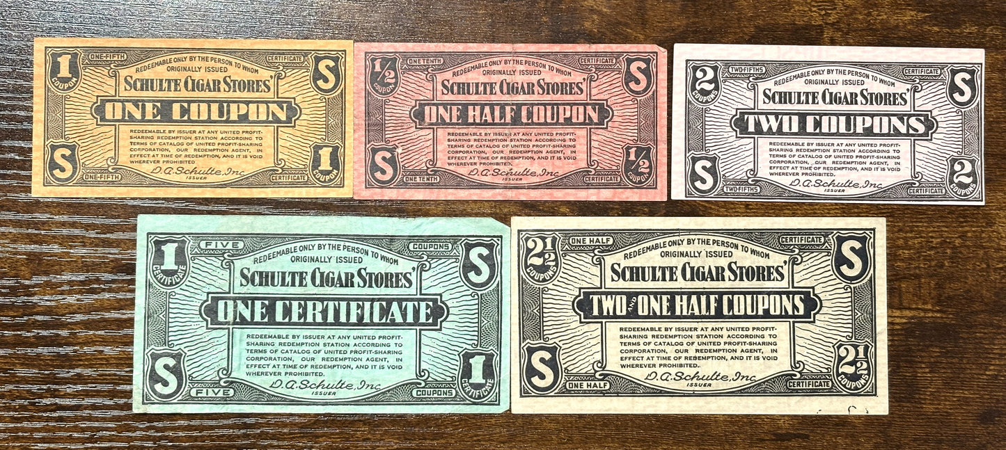 Antique Cigar Coupons in Varying Denominations - United Profit Sharing Corporation Coupons - Schulte Cigar Stores Coupons