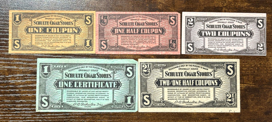 Antique Cigar Coupons in Varying Denominations - United Profit Sharing Corporation Coupons - Schulte Cigar Stores Coupons