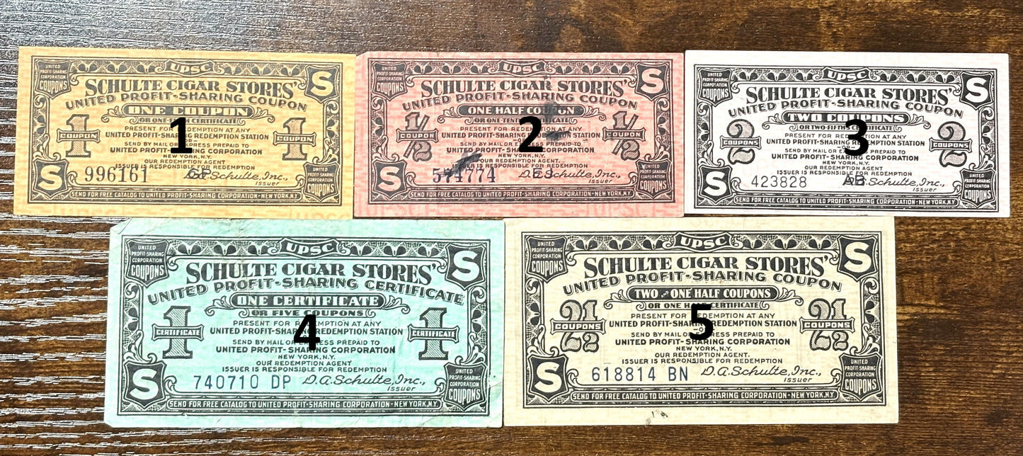 Antique Cigar Coupons in Varying Denominations - United Profit Sharing Corporation Coupons - Schulte Cigar Stores Coupons