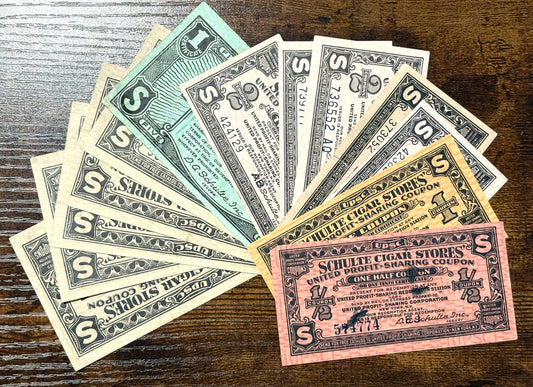 Antique Cigar Coupons in Varying Denominations - United Profit Sharing Corporation Coupons - Schulte Cigar Stores Coupons